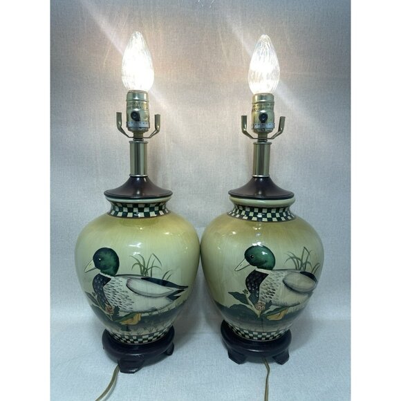 Vintage Set Of DUCKS Porcelain Table LAMP Cabin Home Mallard Checkered Trim READ